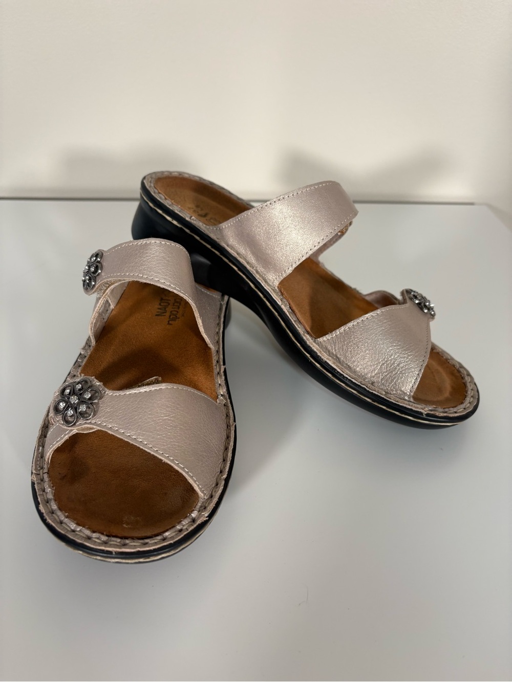 Naot Metallic Pearl Dual-Strap Slide Sandals with Floral Stud Accents